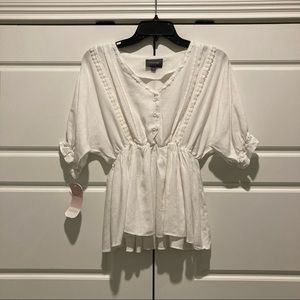 Hudson Gray White 1/2 Button Popover Blouse 3/4 Ruffle Sleeve Gathered Waist